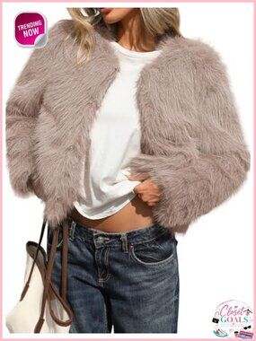 Womens Fluffy Faux Fur Cropped Coat Hook Eye Closure Pockets Winter